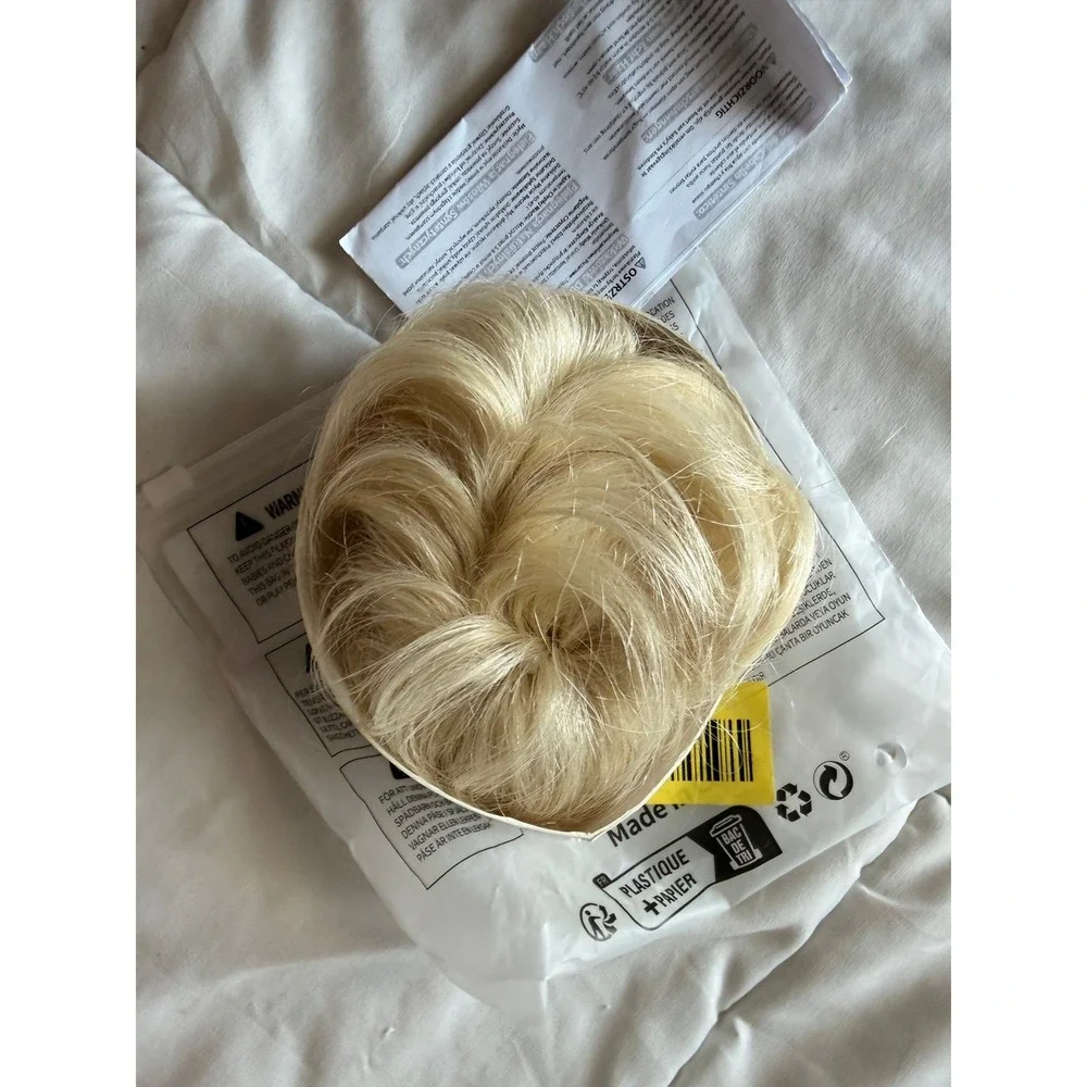 MY-LADY Human Hair Claw‎ Clip Messy Bun Extension Platinum Blonde Wavy Hairpiece